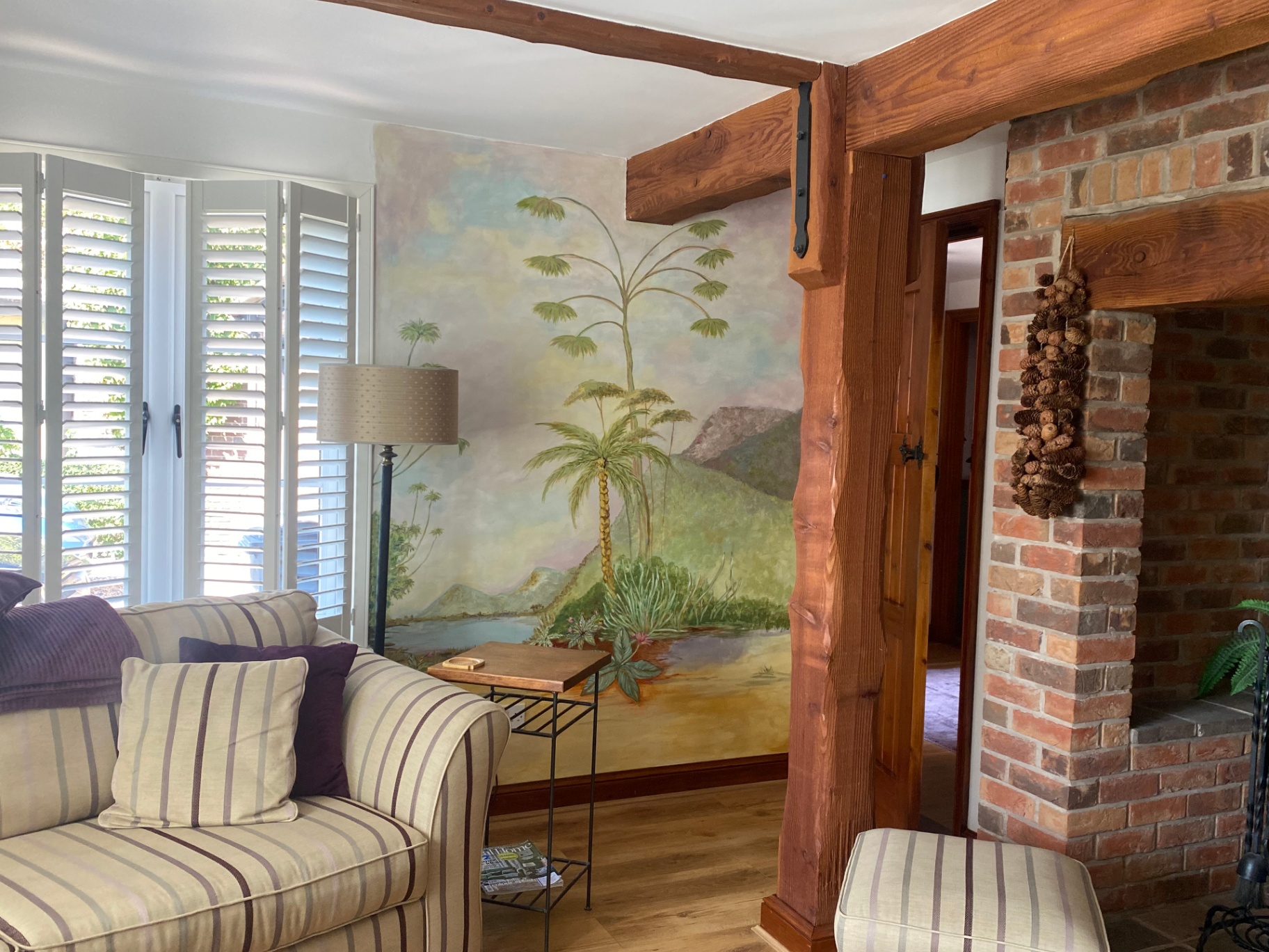 Living room tropical palm mural - full view - Hand-painted mural by Heather Lavender