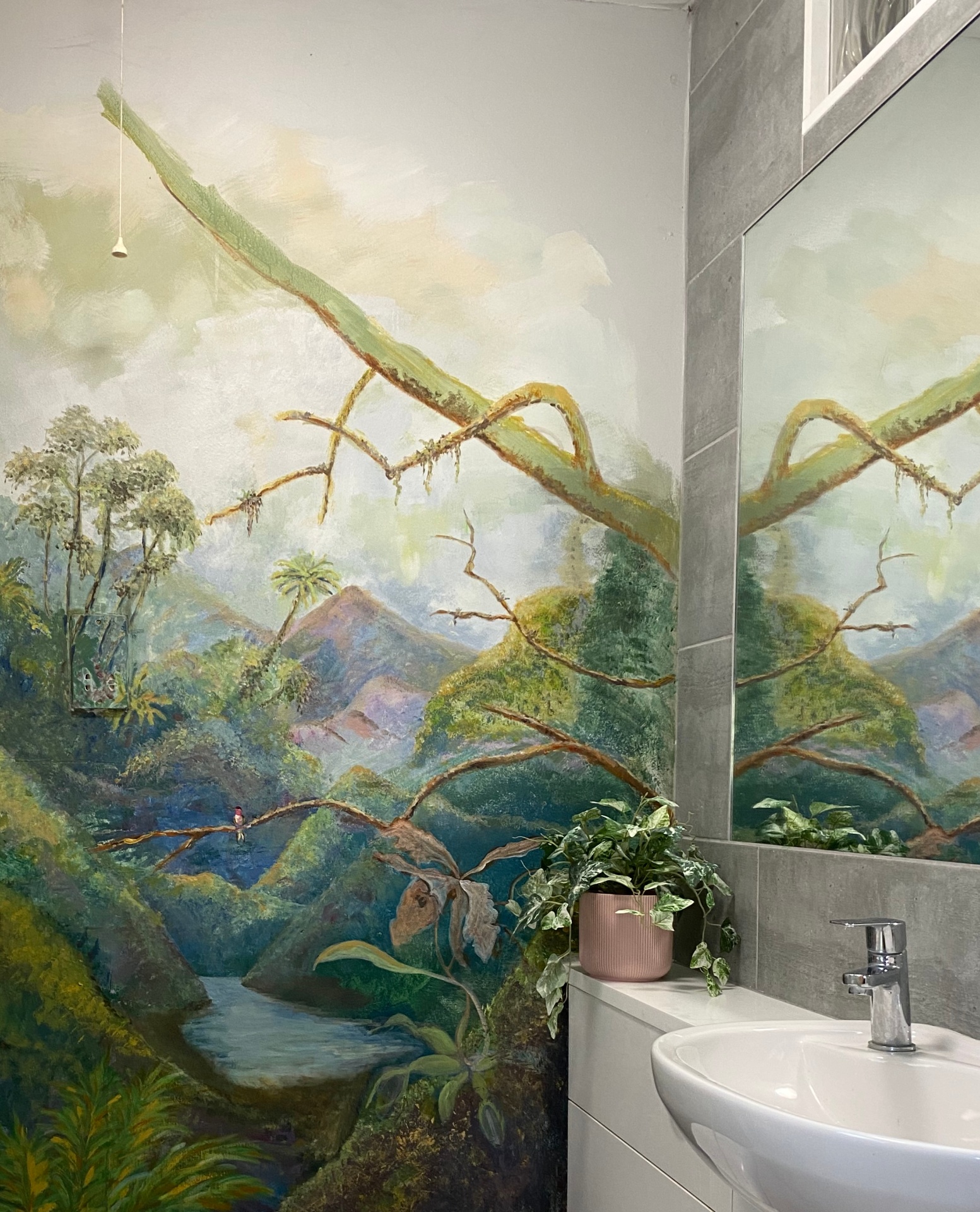 Bathroom jungle bird mural - full view - Hand-painted mural by Heather Lavender