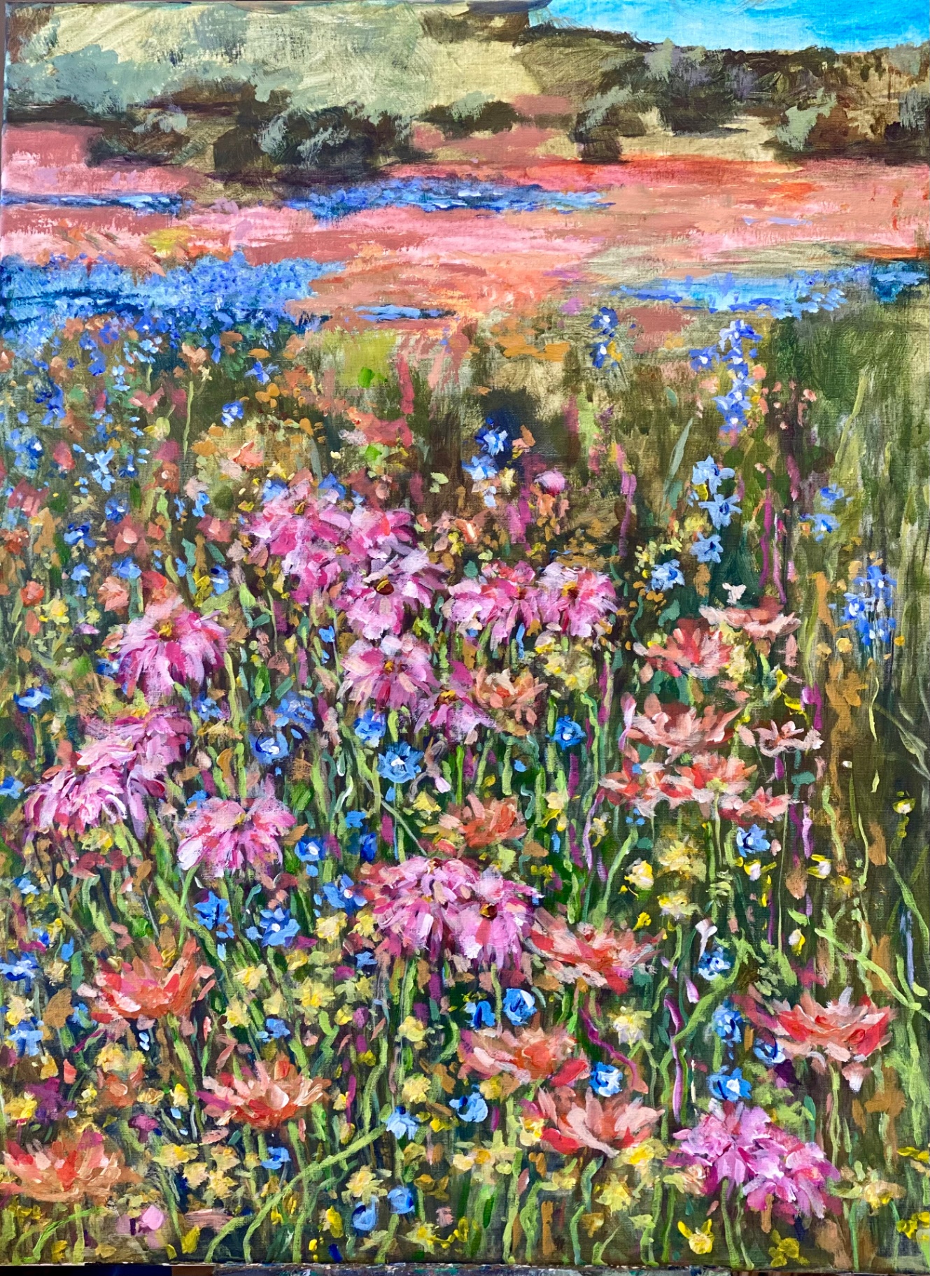 Sold pink and blue flower field painting - Sold