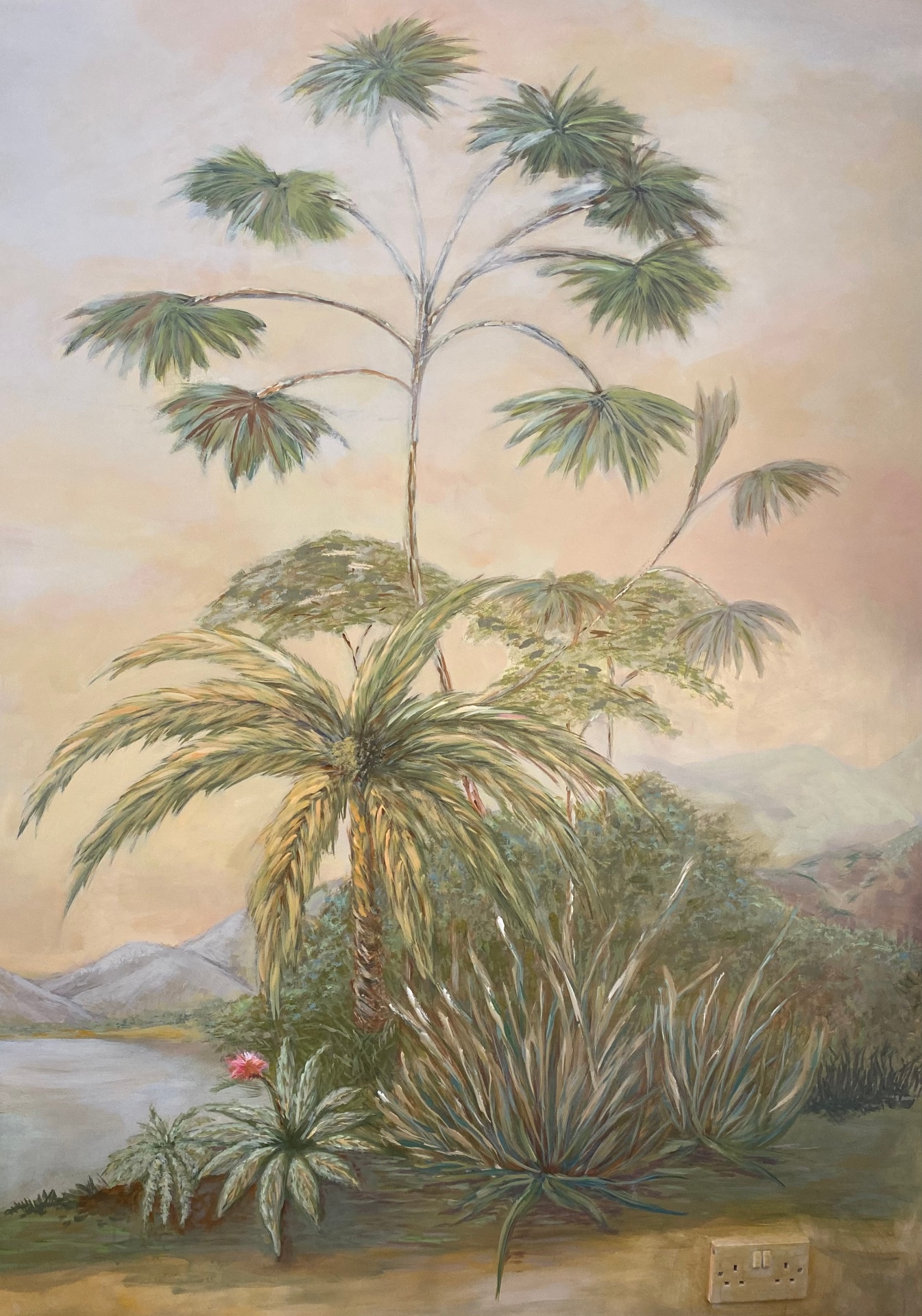 Tropical palm landscape mural detail - Hand-painted mural detail by Heather Lavender