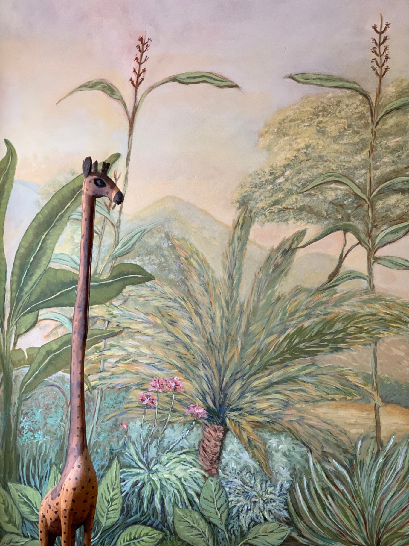 Tropical mural with giraffe detail - Hand-painted mural detail by Heather Lavender