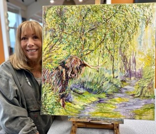 Highland Cow by the Stream - Oil on canvas by Heather Lavender