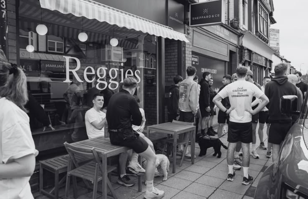 Run club gathering outside Reggies